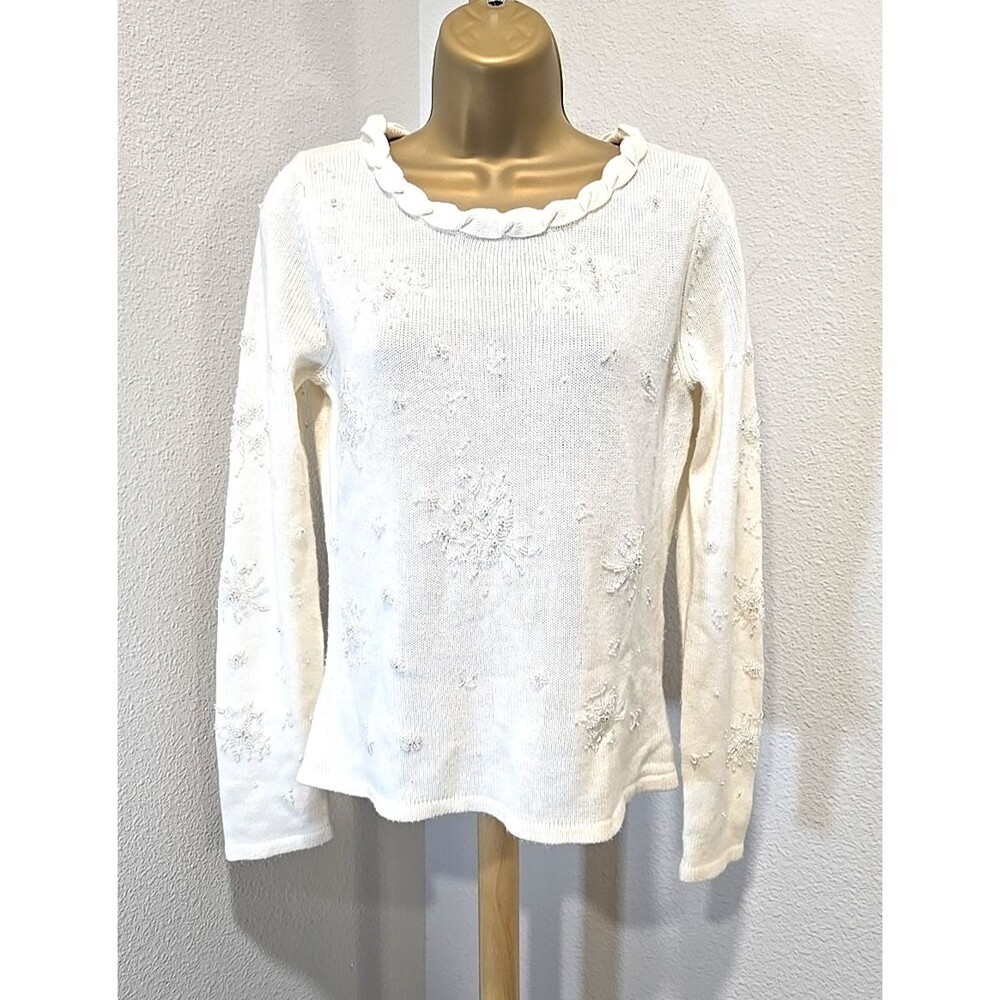 Vtg Madison Sweater Size Med Angora Blend Cream Beaded Pearl Whimsical Old Money